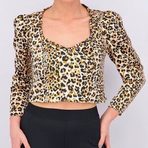 😍2/$20 NEW TopShop Sz 4P Animal Print Sweetheart Puff Sleeve Crop Satin Blouse
